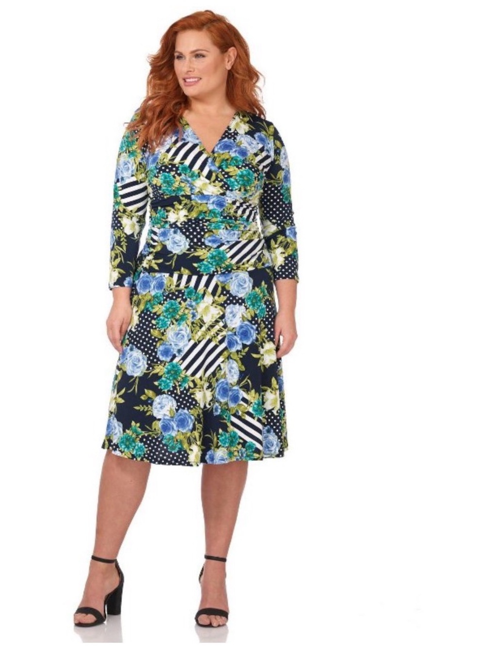 Floral & Stripe V-Neck Fit-and-Flare Dress in Navy, Blue, Green